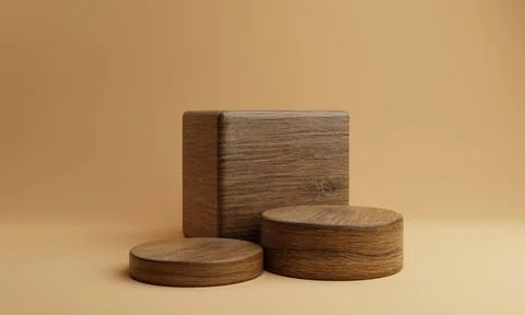 Three brown wooden rectangle cube and round cylinder product stage podium ... Stock Photos