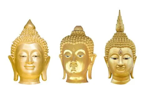 Three Buddha gold head isolated on white background. Object with clipping pat Stock Photos