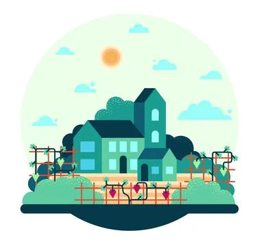 Three buildings on the vineyard field - flat cartoon illustration round frame Stock Illustration