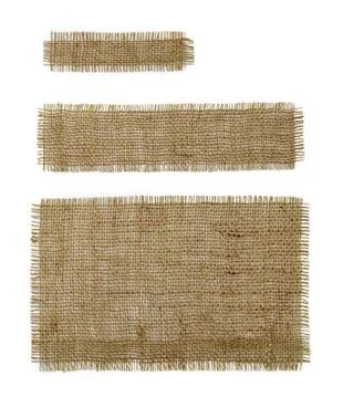 Three burlap rectangular and oblong pieces isolated on white background. Stock Photos