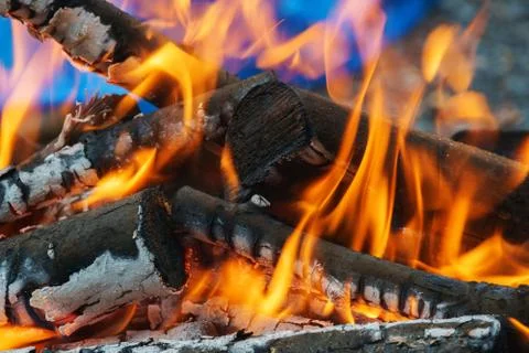 Three burning billets in hot stove Stock Photos