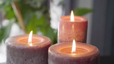 Three  Burning Candles Close-up. Burning of Three Candles. Video stock 97698918