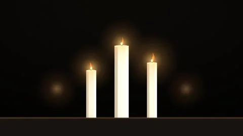 Three Burning Candles with Flickering Flames on Dark Background Video stock 347653336