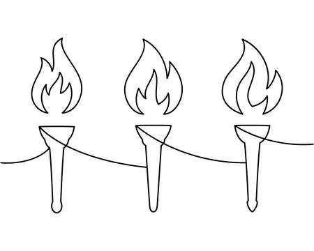 Three burning torches continuous line drawing. Minimalist one line vector flame Stock Illustration