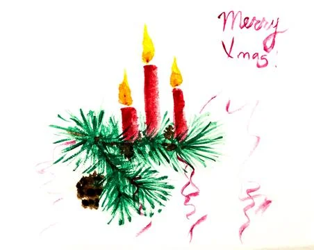 Three burning wax candles decorated with spruce branch and fir cone. Christ.. Stock Illustration