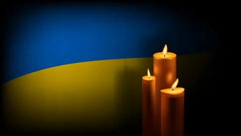 Three burning wax candles with shadow on background of Ukrainian flag. Illustrazione stock