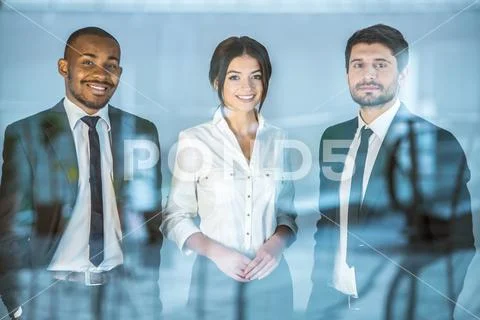 The three business people stand over the window Stock Photos