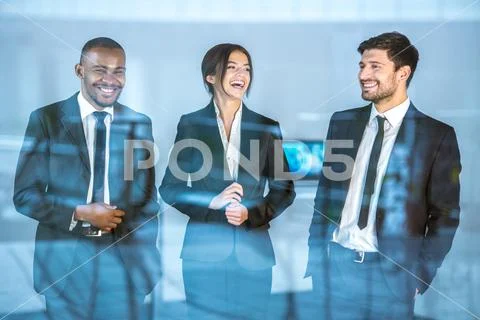 The three business people stand over the window Stock Photos