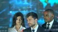 Three business people talk behind virtual screen. crane shot 4k or 4k+ Resolution