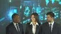 The three business people talk near the virtual screen. crane shot 4k or 4k+ Resolution