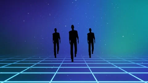 Three business people walking through space time on a blue gradient background Stock Footage 279073605