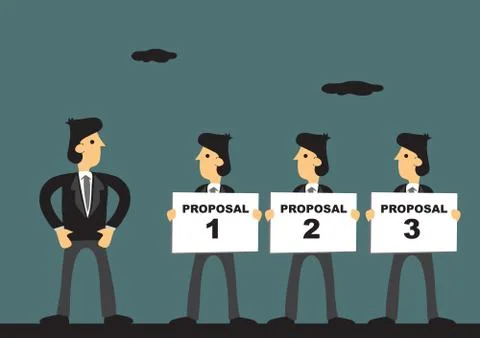 Three Business Proposals for Pitching Process Cartoon Vector Illustration Illustrazione stock