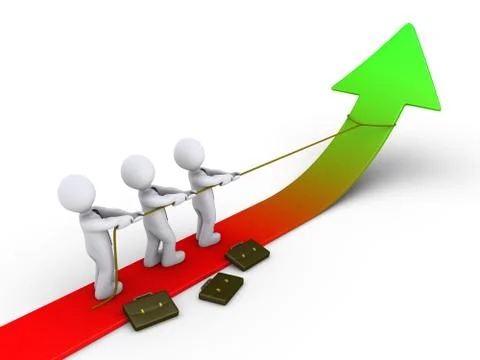 Three businessmen pulling arrow upwards with rope Stock Illustration