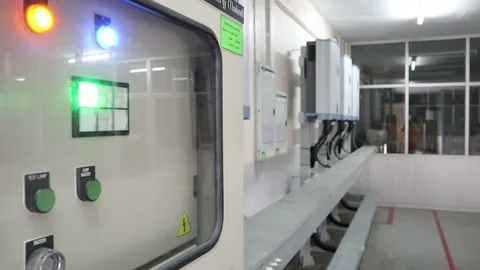 Three button in control box of electric energy storage pot from solar cells Stock Footage 129282622