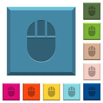 Three buttoned computer mouse engraved icons on edged square buttons Illustrazione stock