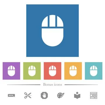 Three buttoned computer mouse flat white icons in square backgrounds Stock Illustration