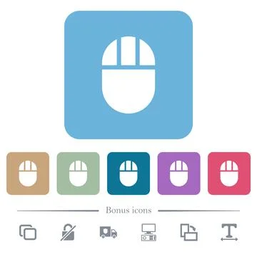 Three buttoned computer mouse flat icons on color rounded square backgrounds Illustrazione stock