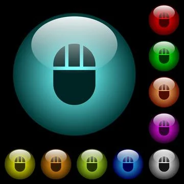 Three buttoned computer mouse icons in color illuminated glass buttons 스톡 일러스트