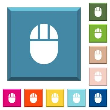 Three buttoned computer mouse white icons on edged square buttons 스톡 일러스트