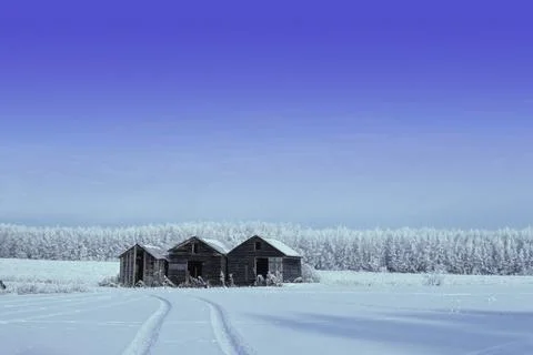 Three Cabins In Winter Stock Photos