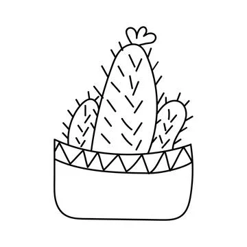 Three cacti in longitudinal pot and doodle-style flower Stock Illustration