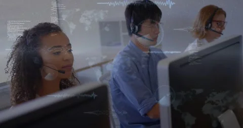 Three call-center agents handling support calls, incoming data spawning HUD Stock Footage 330380084