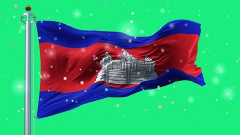 Three cambodian flags waving majestically against a vibrant green screen Stock Footage 346123030
