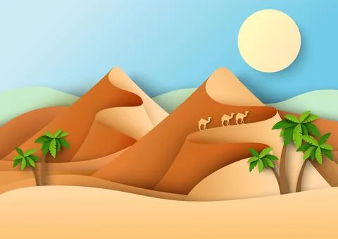 Three camels roaming desert, vector paper cut illustration. Sand dunes, desert Stock Illustration