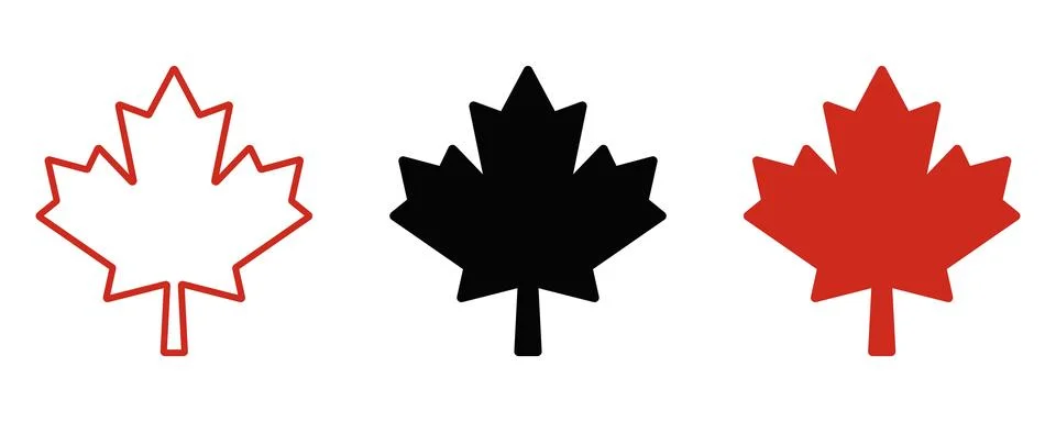 Three Canadian maple leaf red outline black solid red solid canada symbole Stock Illustration