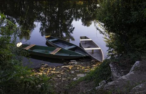 Three canoes in the water between the trees in nature Stock Photos