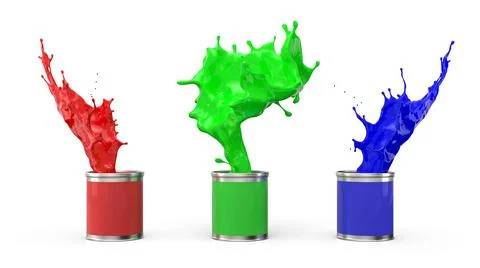 Three cans of paint and splashes of them on a white background. Definition of Stock Illustration