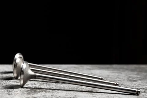 Three car engine valves lie on the table. Valve from internal combustion engine Stock Photos