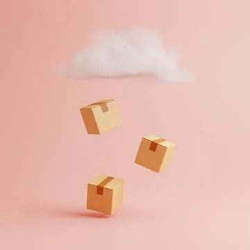 Three cardboard boxes are falling from the cloud on a pink background イラスト素材