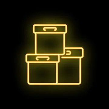 Three cardboard boxes stacked over black background neon sign Illustrazione stock