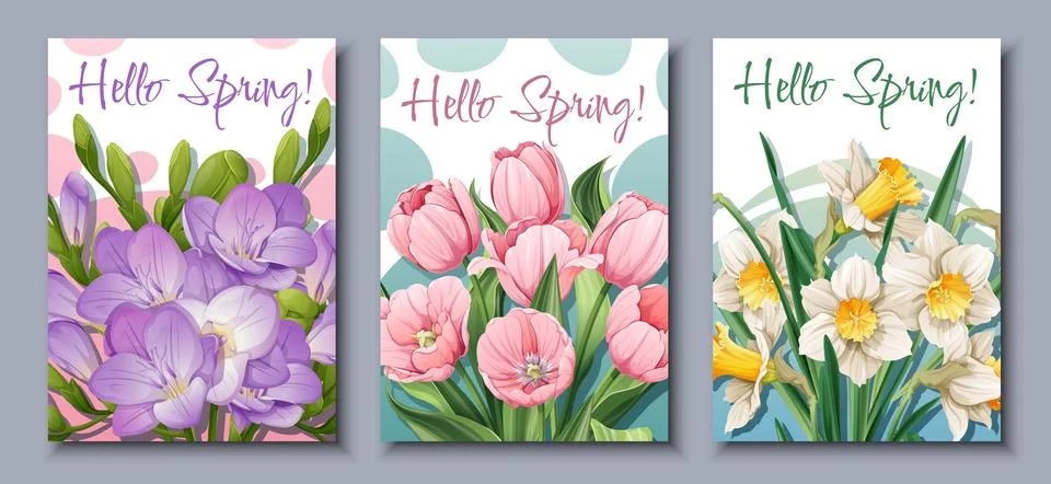 Three cards featuring flowers with Hello Spring in beautiful font designs Stock Illustration