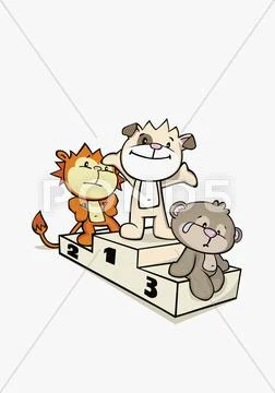 Three cartoon animals standing on a winners podium Stock Illustration