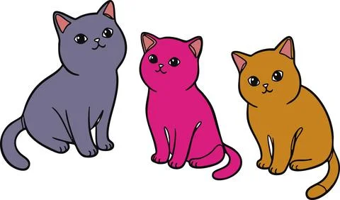 Three Cartoon Cats Sitting with Different Colors on White Background Stock Illustration