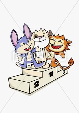 Three cartoon characters standing on a winners podium Stock Illustration