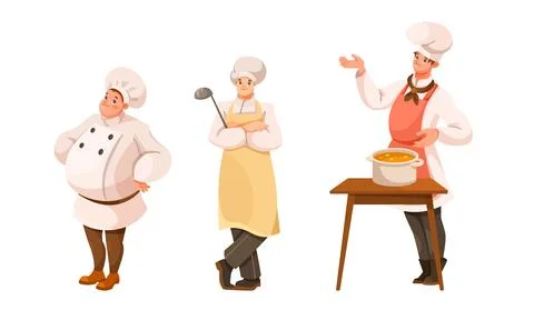 Three Cartoon Chefs Engaged in Various Fun and Creative Cooking Poses and Stock Illustration