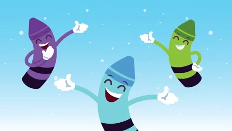 Three cartoon crayons with faces dancing joyfully in blue sky with falling .. Stock Footage 334264983