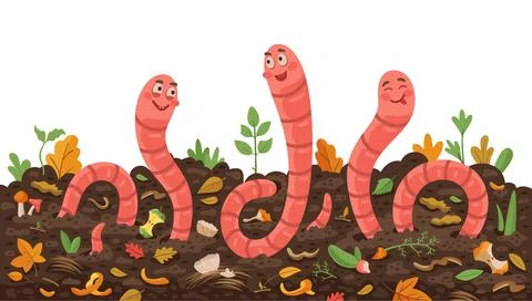 Three cartoon earth worms in compost soil ground Stock Illustration