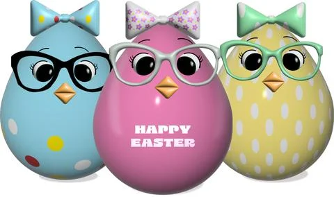 Three cartoon Easter eggs with chick faces, glasses, and bows Illustrazione stock