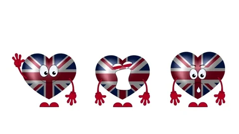 Three cartoon flags of UK in the shape of a heart. Animation. Stock Footage 162915383