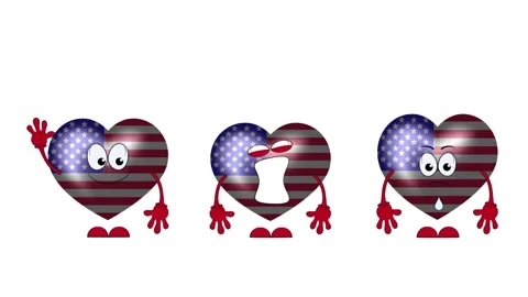 Three cartoon flags of the USA in the shape of a heart. Animation. Stock Footage 162915387