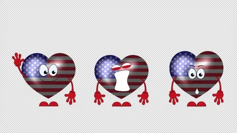 Three cartoon flags of the USA in the shape of a heart. Alpha channel. Stock Footage 162915576