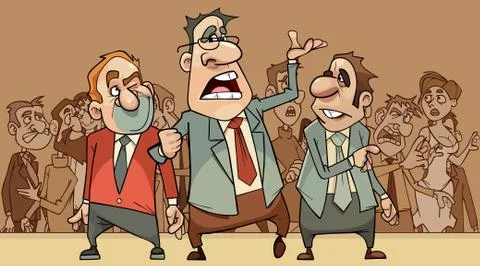 Three cartoon men talking on stage in front of a crowd of diverse people Stock Illustration