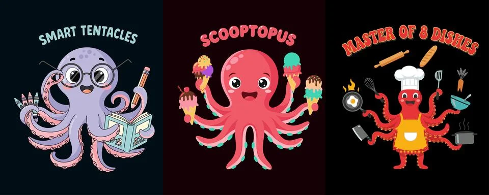 Three cartoon octopuses with different professions shown bundle design Stock Illustration