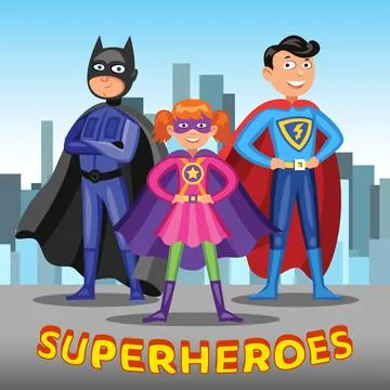 Three cartoon superheroes. Boys and girl in colorful superhero costumes Stock Illustration