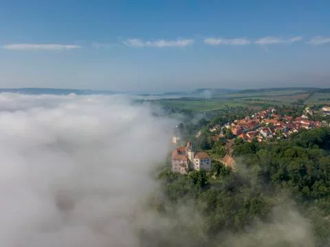 Three castles seen over cloud sea in Dornburg, Thuringia Stock Photos
