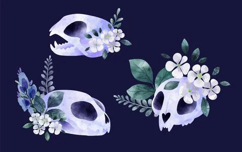 Three cat skull with flowers, cute cartoon drawing Stock Illustration